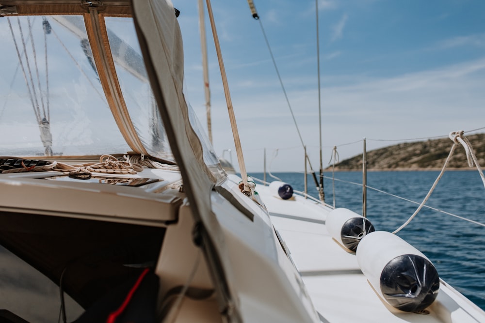 a view of the front end of a sailboat