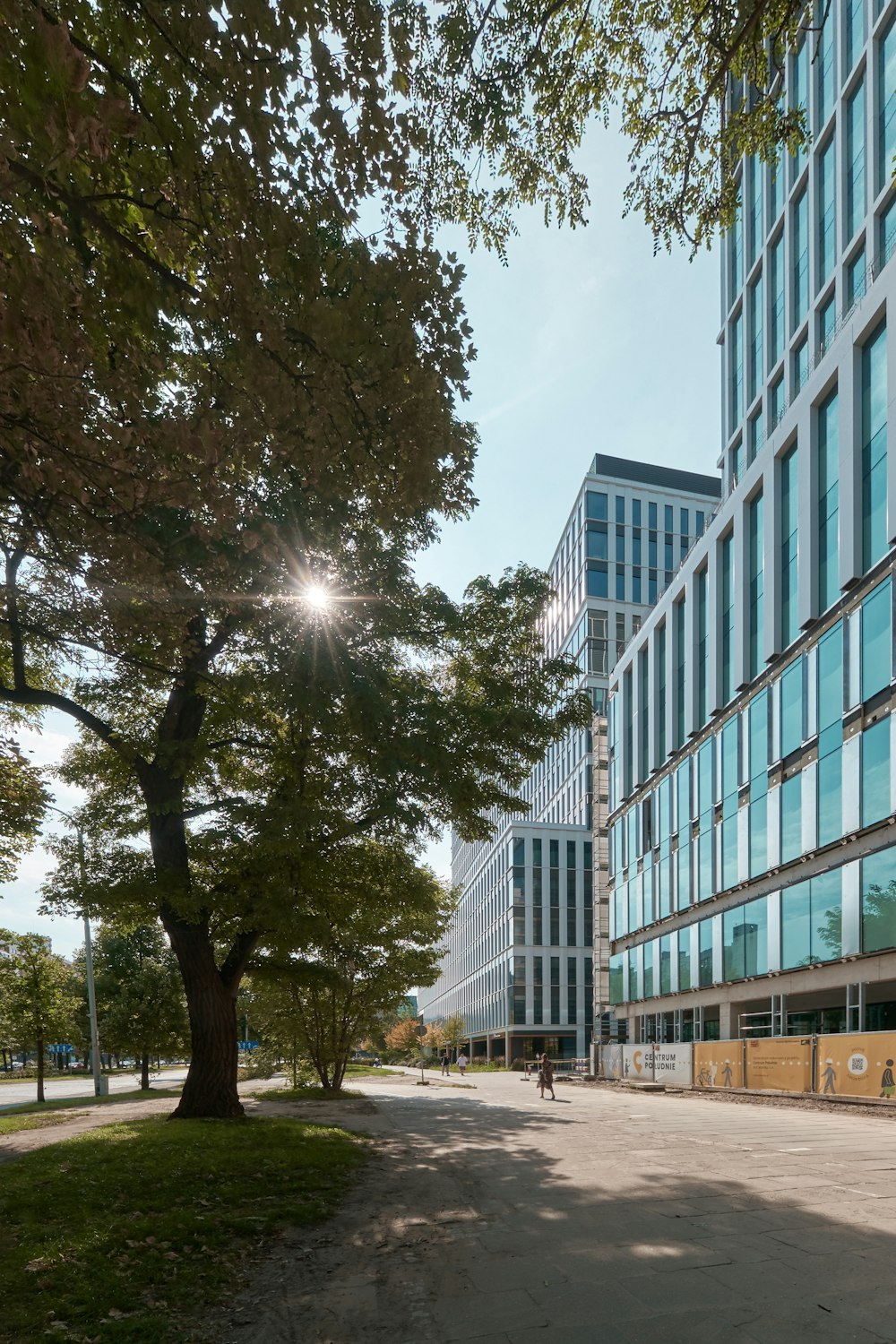 a person walking down a street in front of a tall building