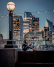 A scenic American city skyline with a person using a smartphone outdoors.