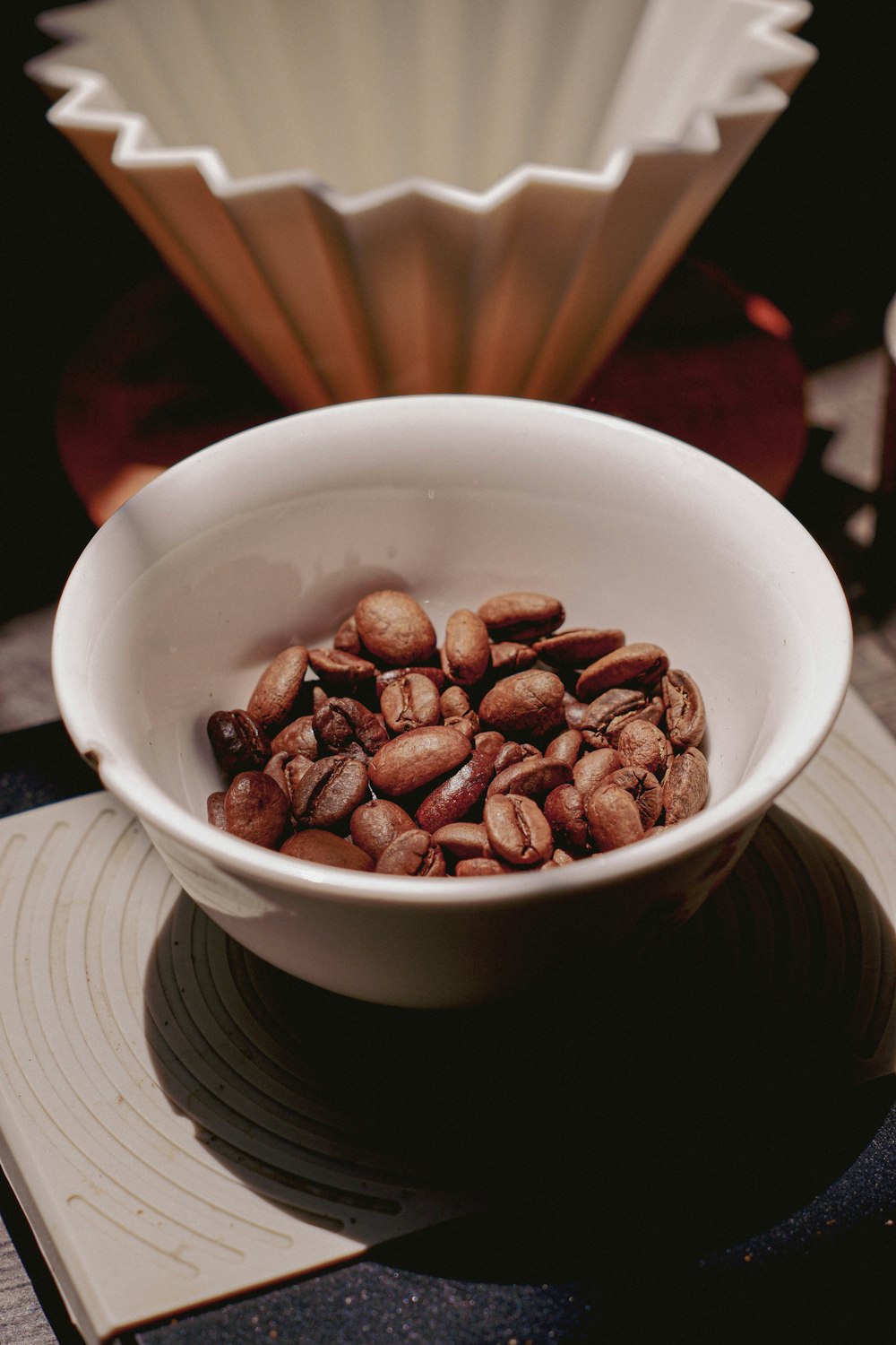 a white bowl filled with coffee beans on top of a table