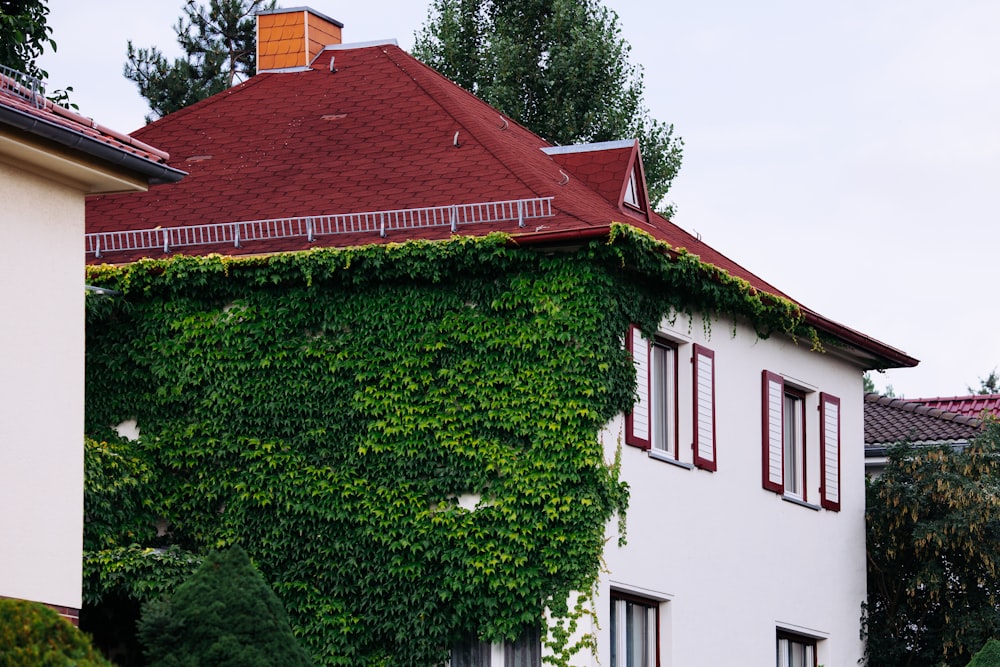 a house covered in vines with a red roof