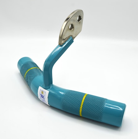 A metal tool with a teal-colored handle and a textured grip. The handle is designed with ergonomic grooves and features a yellow stripe. Attached to the handle is a metallic bracket with two circular holes, likely for mounting purposes. The surface is shiny, suggesting a polished finish.