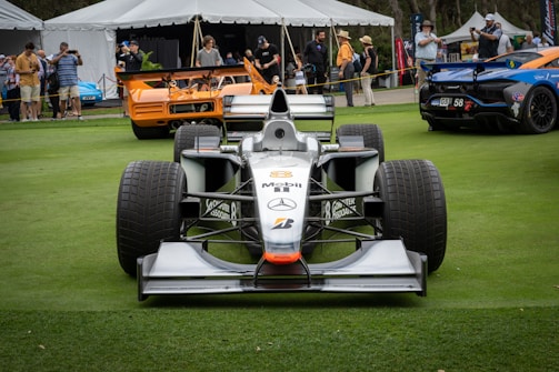 A Formula 1 race car is prominently displayed on a green grassy field. Behind it, there are several other high-performance vehicles, including an orange and a blue sports car. A crowd of people is gathered in the background, some taking photos and observing the cars. Several white tents are set up, indicating an event or car show atmosphere.