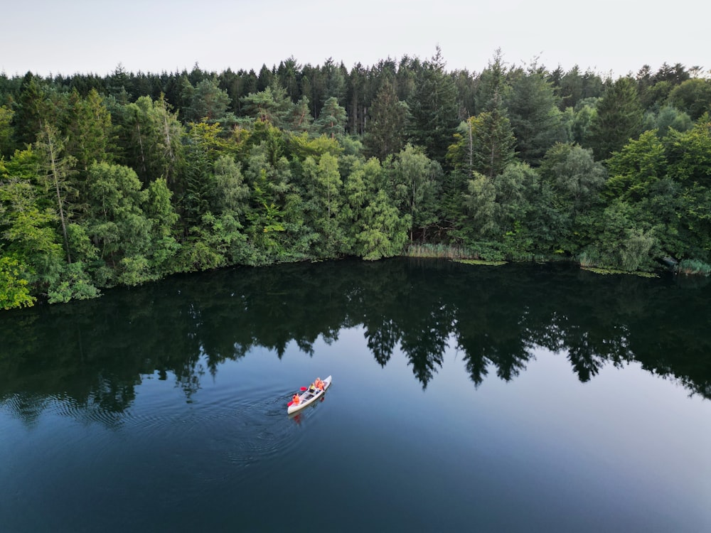 un bateau flottant au sommet d’un lac entouré d’une forêt