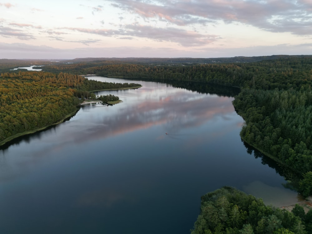 una veduta aerea di un lago circondato da alberi