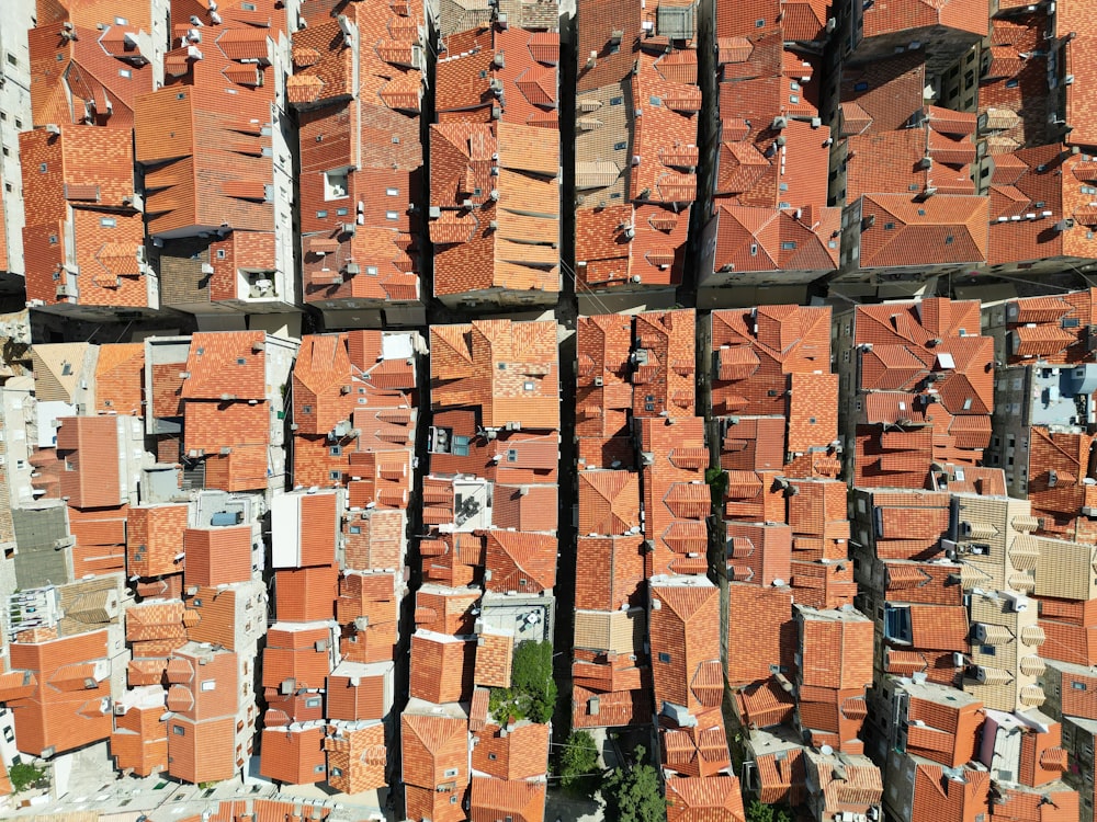 an aerial view of a large group of brick buildings