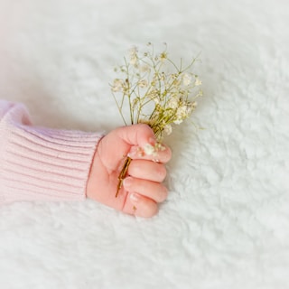A baby's hand gently clasps a small bouquet of delicate white flowers. The background is a soft, fluffy white surface, complementing the baby's pink sweater sleeve.