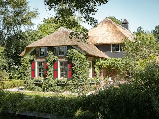 A charming house with a thatched roof and red window shutters, surrounded by lush greenery and climbing plants. The front garden is well-maintained with various plants and flowers, and there is a bicycle leaning against the wall.