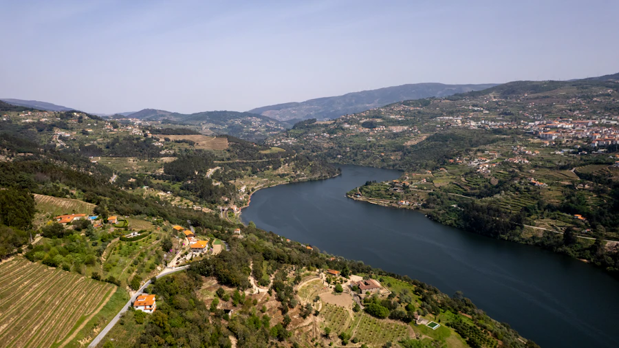 Rio Douro entre encostas verdejantes do vale vinícola