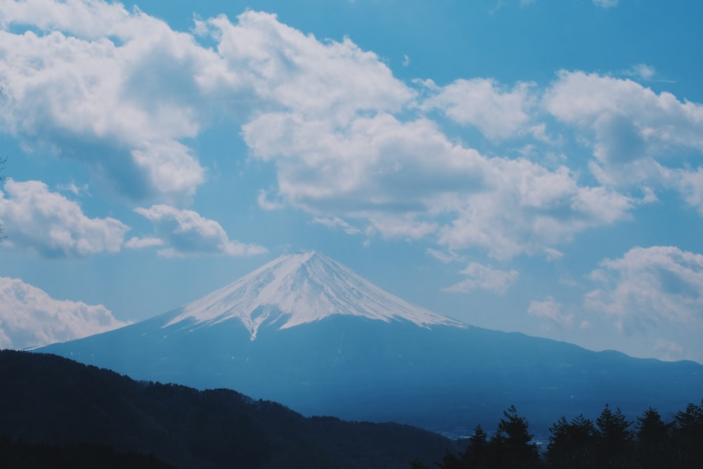 a view of a snow covered mountain from a distance