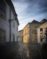 Historic cobblestone street lined with charming old buildings and soft evening light.