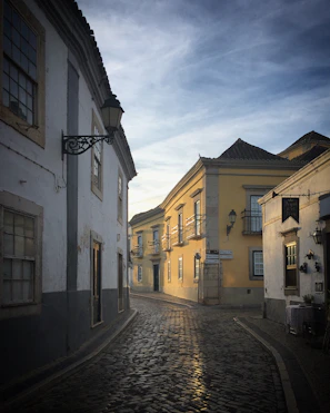 Historic cobblestone street lined with charming old buildings and soft evening light.