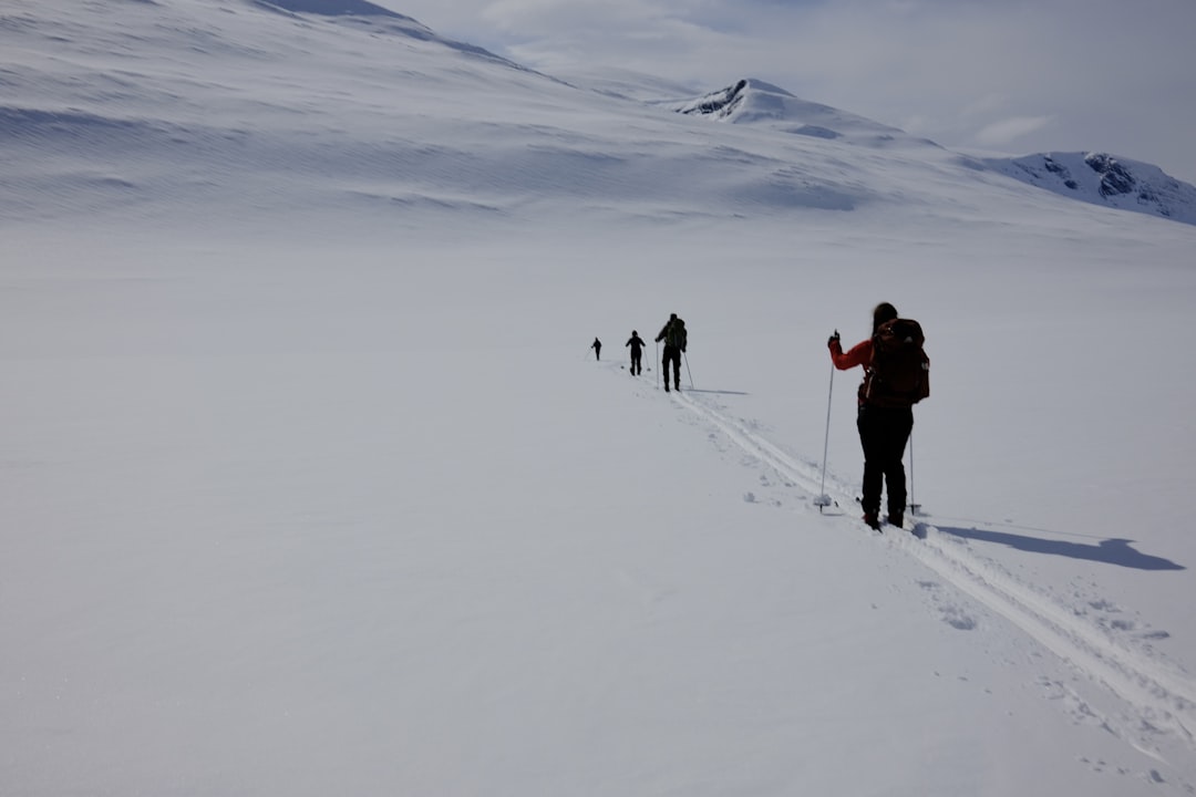 a group of people walking across a snow covered field, Skiing in the Scandinavian mountains.