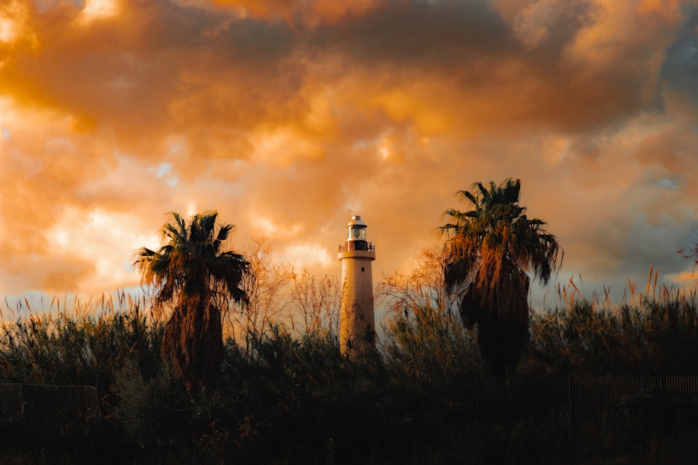 a lighthouse surrounded by palm trees under a cloudy sky