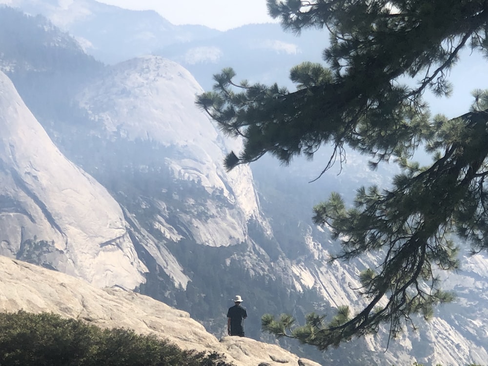 a man standing on top of a mountain next to a forest