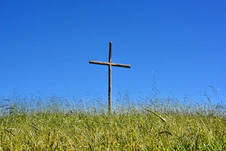 A rustic farm field at sunrise with a wooden cross standing among the crops, symbolizing faith and agriculture.