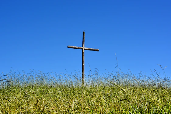 A rustic farm field at sunrise with a wooden cross standing among the crops, symbolizing faith and agriculture.