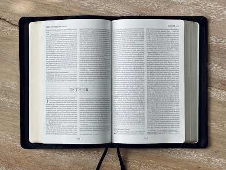 An open book resting on a wooden surface, showing pages from the Bible, with the title 'Esther' prominently displayed in the center. The text is printed in two columns on each page.