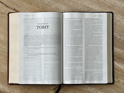 An open book displaying two pages with the title 'The Book of Tobit' on the left-hand page. The pages contain structured text in columns with headings and numbered sections. The book has a visible brown spine and rests on a wooden surface.