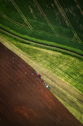Aerial view of a contrasting agricultural landscape with lush green fields and freshly plowed brown soil. Two tractors are visible, one red and one green, working in the field. A flock of birds appears to be following the tractors, likely searching for insects. The fields have distinct patterns and lines, indicating organized farming practices.