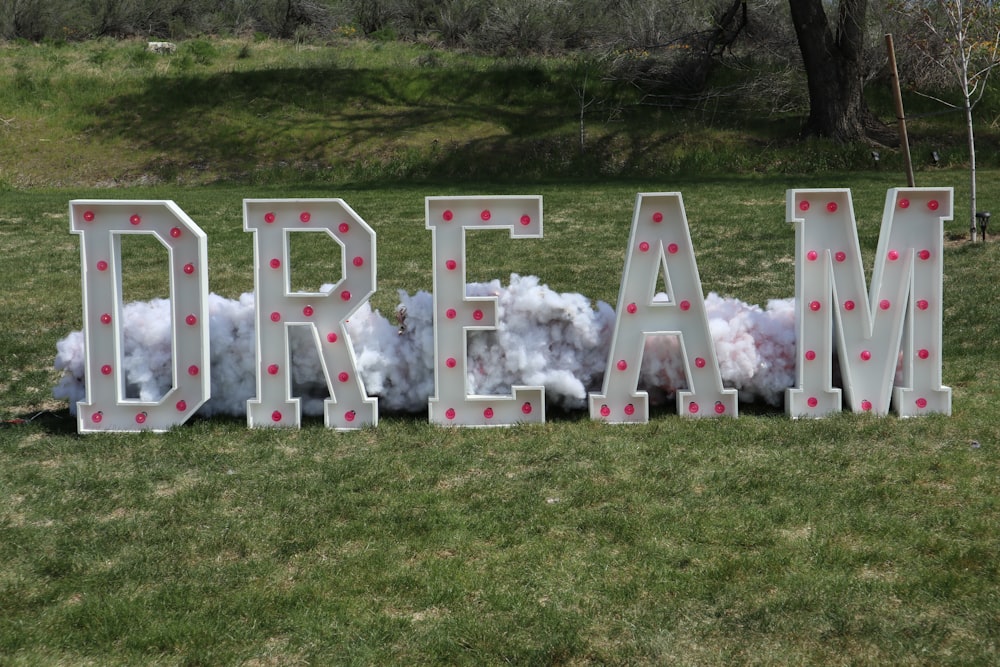 a large sign that says dream in the grass