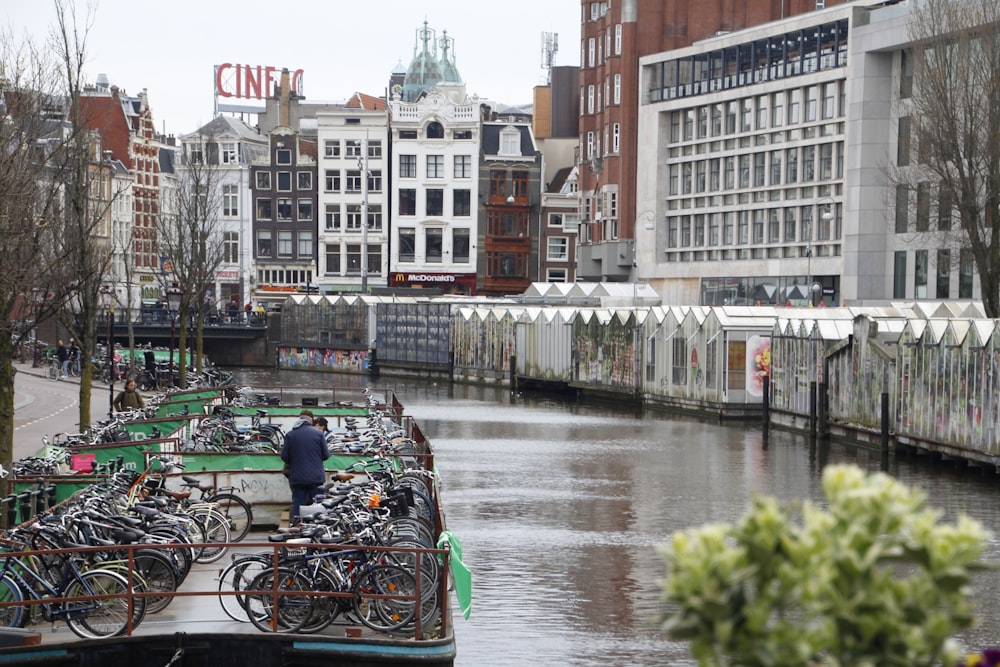 a bunch of bikes that are sitting in the water