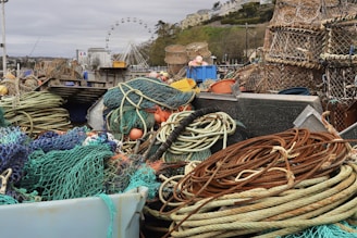 Piles of fishing nets and ropes are tangled together, accompanied by various fishing gear and equipment. In the background, a large ferris wheel and a hill with houses are visible, with overcast skies overhead.