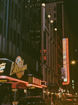 A bustling theater district illuminated at night.