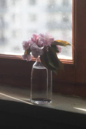 Elegant arrangement of fresh seasonal flowers in a simple glass vase by a window.