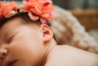 Close-up of a baby headband with a large fabric flower and bow