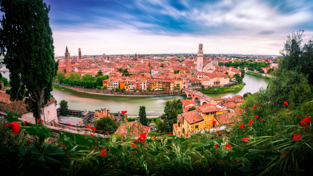 a view of a city with a river running through it