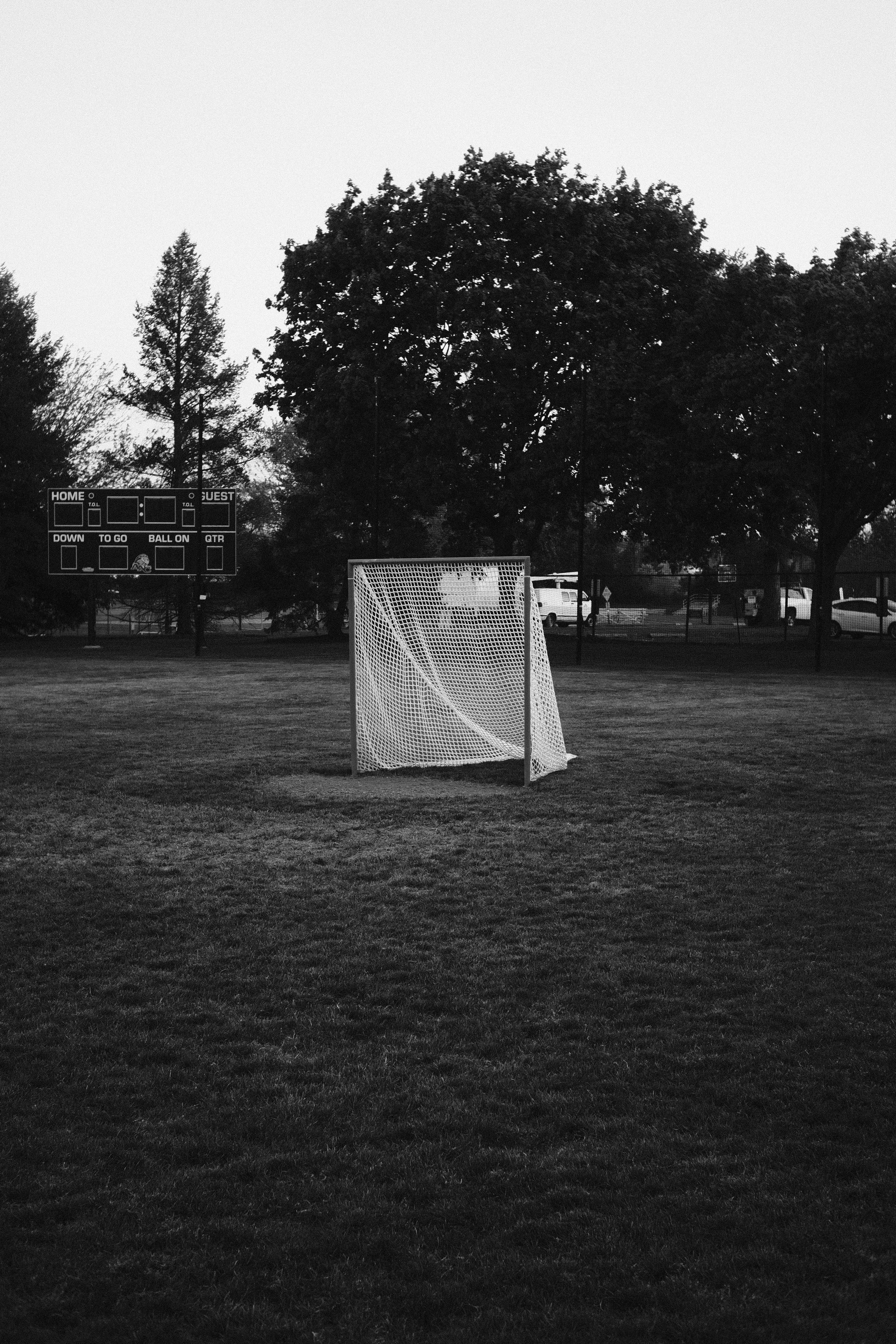 a soccer goal in a field with trees in the background