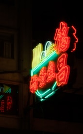 Neon signs illuminate the night with vibrant colors. Red and green neon lights display intricate signage against a dark urban backdrop, filled with Chinese characters.