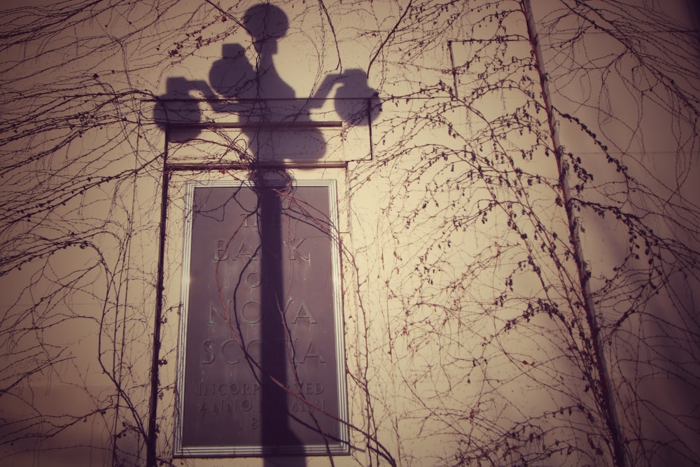 a shadow of a man and a woman on a street light