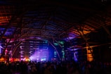 Crowd dancing in a dark warehouse with stroboscopic purple lights.