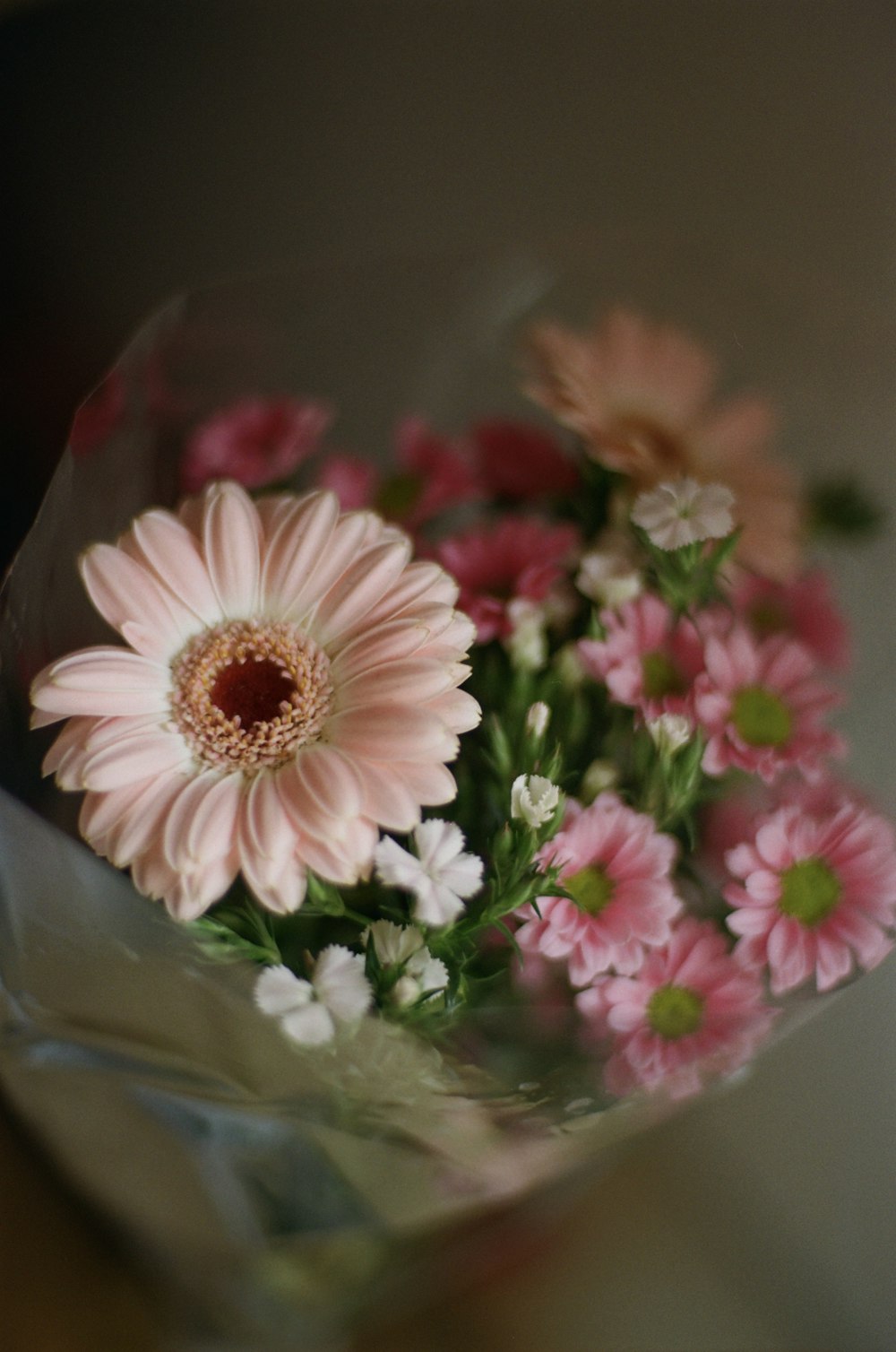 a bouquet of pink and white flowers in a vase