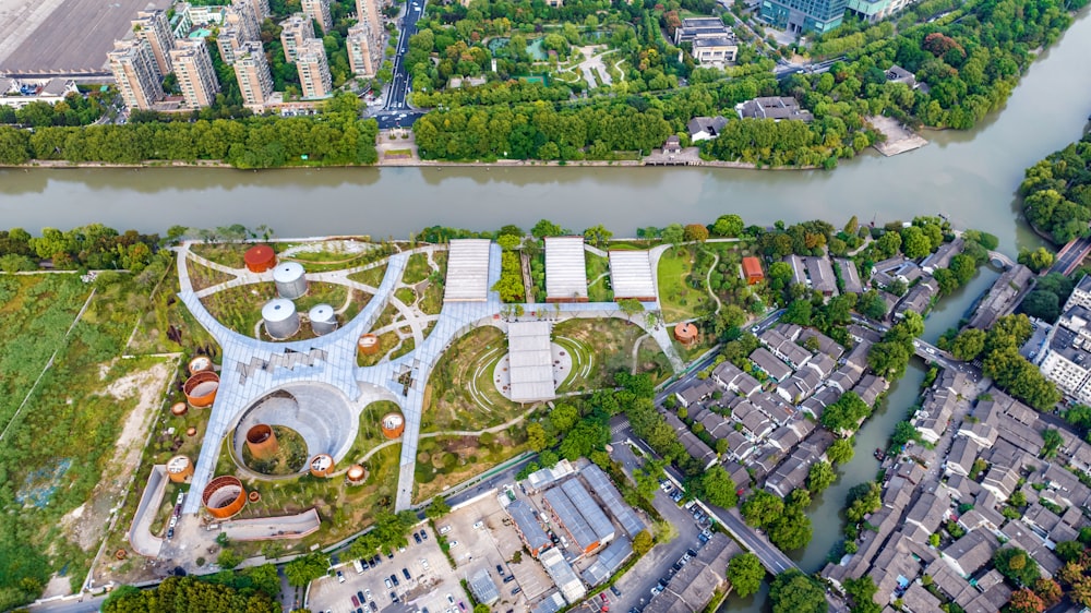 an aerial view of a city with a river running through it