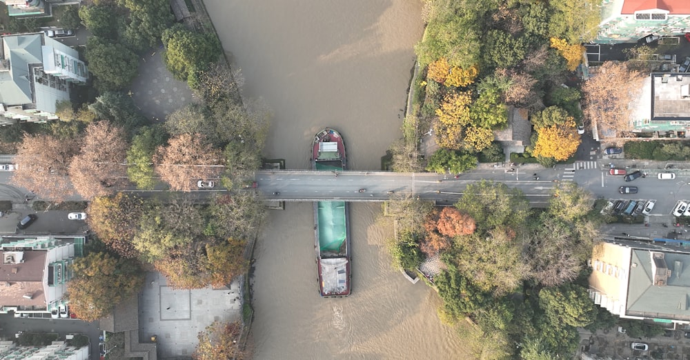 an aerial view of a bridge over a river