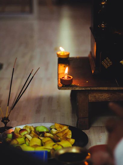 A serene ritual scene with candles and symbolic items representing positive and negative energies.