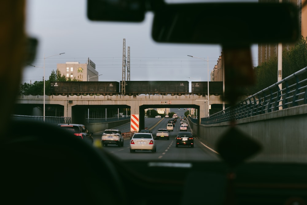 a view of a highway from inside a vehicle