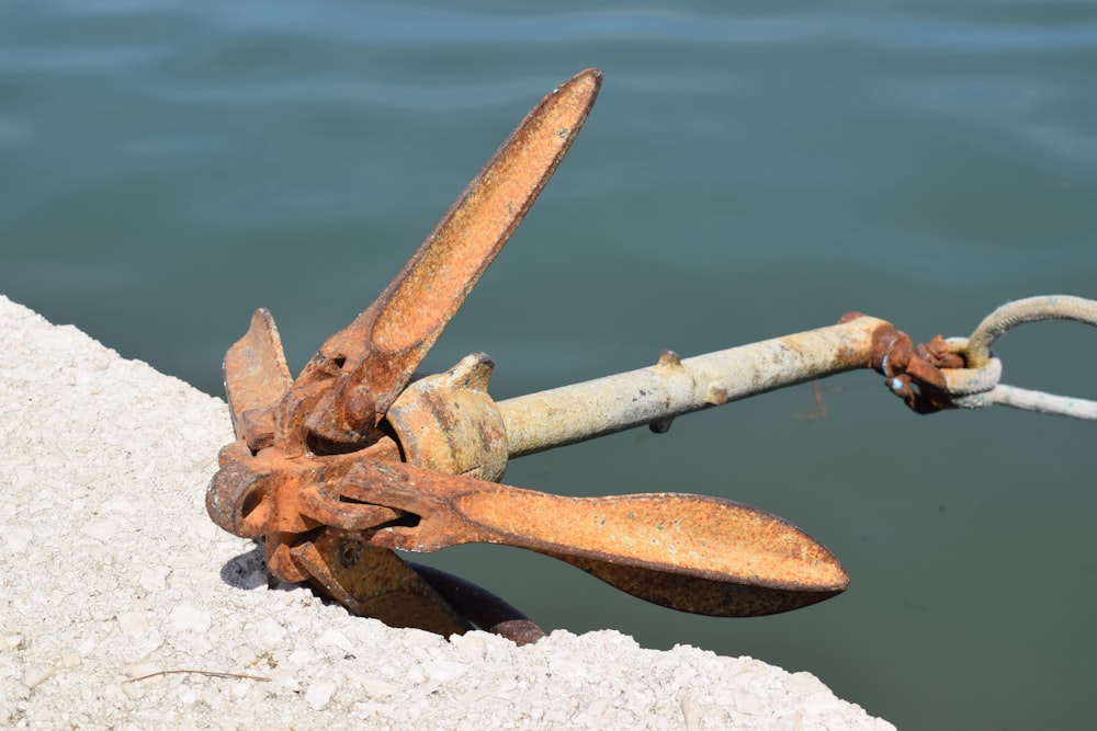 a rusted metal object sitting on the side of a body of water