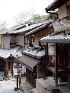 Traditional Japanese architecture with wooden buildings and tiled roofs line a narrow street. Signage with Japanese characters adorns the storefronts. Various outdoor decorations hang near the entrance. The scene is surrounded by trees, and the atmosphere feels serene and historic.