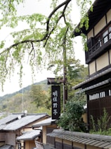 Traditional Japanese architecture with wooden structures and a black sign featuring white Japanese characters. The foreground includes a branch with green leaves, and the background consists of mountains and additional greenery.