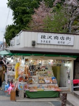 A small outdoor shop with a variety of goods displayed, including plush toys, trinkets, and souvenirs. The shop is brightly lit with hanging light bulbs and is adorned with colorful items. There are trees with green and pink blossoms in the background.