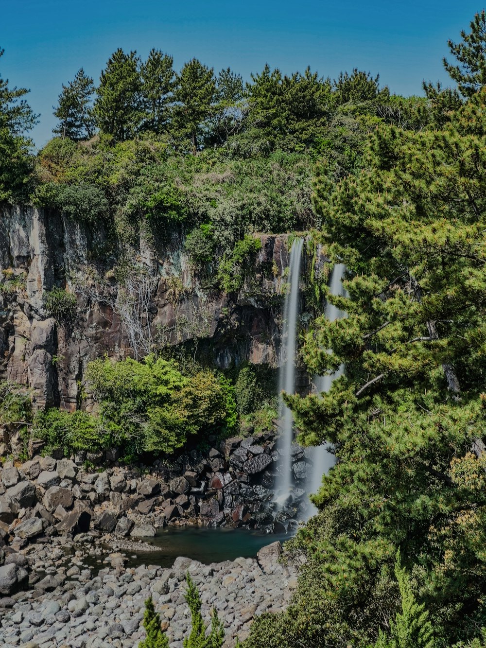 a waterfall is surrounded by trees and rocks