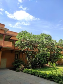 A well-maintained garden area with lush green trees and bushes alongside a building with a tiled roof and multiple windows. The sky is clear with a few fluffy white clouds, adding a serene aspect to the environment.