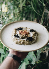 Soft-focus image of hands gently holding a clean, sparkling plate with green leaves in the background.