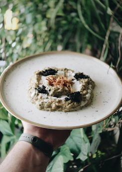 Soft-focus image of hands gently holding a clean, sparkling plate with green leaves in the background.