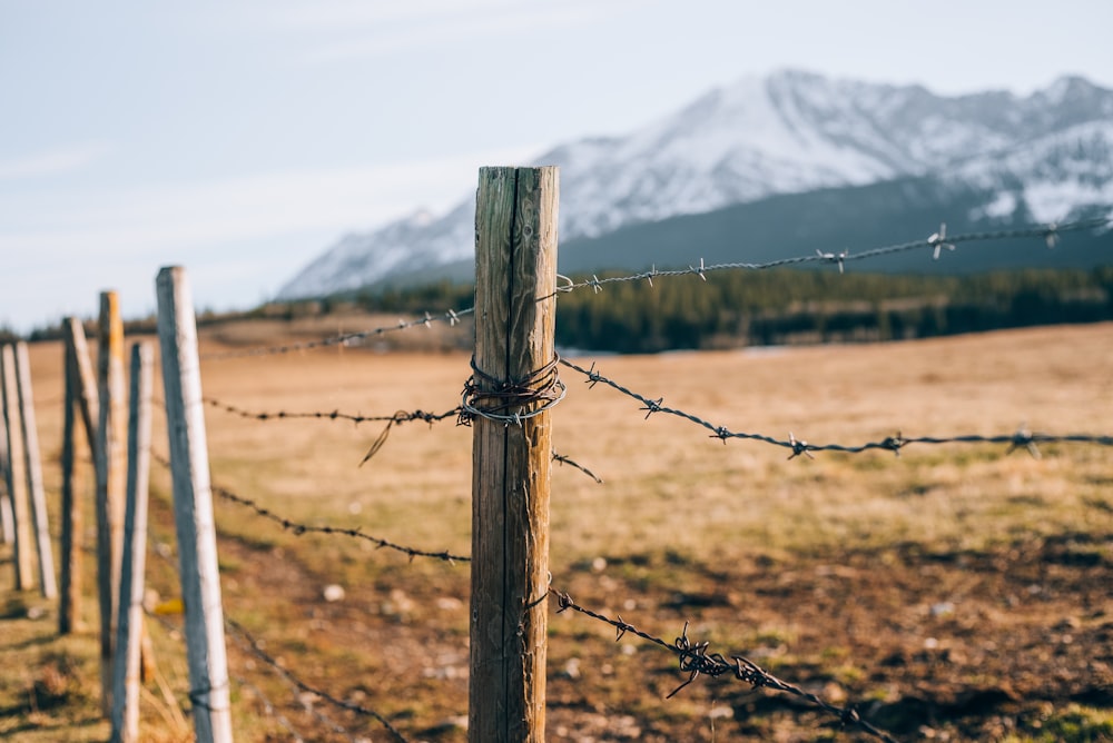 a barbed wire fence with a mountain in the background