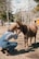A guest gently communicating with a donkey under the warm sunlight.